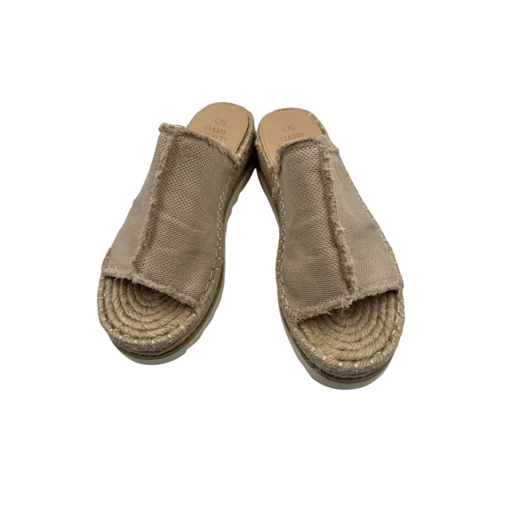 Oasis Society Womens Tan Frayed Canvas Espadrille Platform Slide Sandals Size 7